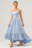 Blue Floral Strapless A-Line High Low Printed Bridesmaid Dress