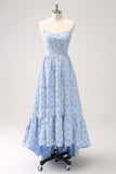 Blue Strapless A-Line Floral Printed Bridesmaid Dress