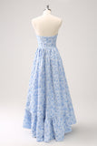 Blue Strapless A-Line Floral Printed Bridesmaid Dress