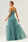 Eucalyptus Strapless Corset Tulle A-Line Tiered Bridesmaid Dress