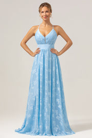 Light Blue V-Neck Spaghetti Straps Pleated Floral Bridesmaid Dress