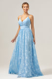 Light Blue V-Neck Spaghetti Straps Pleated Floral Bridesmaid Dress