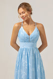 Light Blue V-Neck Spaghetti Straps Pleated Floral Bridesmaid Dress