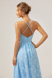 Light Blue V-Neck Spaghetti Straps Pleated Floral Bridesmaid Dress