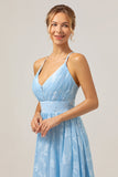 Light Blue V-Neck Spaghetti Straps Pleated Floral Bridesmaid Dress