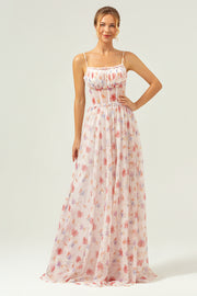 White Red Floral A-Line Spaghetti Straps Printed Bridesmaid Dress