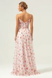 White Red Floral A-Line Spaghetti Straps Printed Bridesmaid Dress