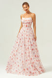 White Red Floral A-Line Spaghetti Straps Printed Bridesmaid Dress