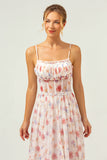 White Red Floral A-Line Spaghetti Straps Printed Bridesmaid Dress