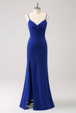 Glitter Dark Blue Spaghetti Straps Twist Front Wedding Guest Dress with Slit