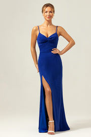 Glitter Dark Blue Spaghetti Straps Twist Front Wedding Guest Dress with Slit