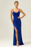 Dark Blue Sparkly Twist Front Mermaid Wedding Guest Dress with Slit