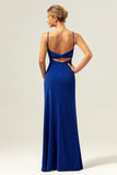 Dark Blue Sparkly Twist Front Mermaid Wedding Guest Dress with Slit