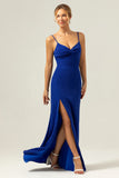 Glitter Dark Blue Spaghetti Straps Twist Front Wedding Guest Dress with Slit