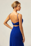 Glitter Dark Blue Spaghetti Straps Twist Front Wedding Guest Dress with Slit