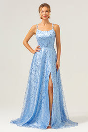 Sparkly Blue Spaghetti Straps Sequins Printed Prom Dress with Criss Cross Back