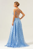 Sparkly Blue Spaghetti Straps Sequins Printed Prom Dress with Criss Cross Back