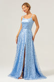 Sparkly Blue Spaghetti Straps Sequins Printed Prom Dress with Criss Cross Back