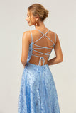 Sparkly Blue Spaghetti Straps Sequins Printed Prom Dress with Criss Cross Back