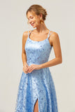 Sparkly Blue Spaghetti Straps Sequins Printed Prom Dress with Criss Cross Back