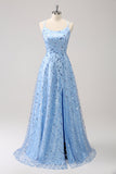 Sparkly Blue Spaghetti Straps Sequins Printed Prom Dress with Criss Cross Back