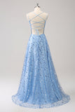 Sparkly Blue Spaghetti Straps Sequins Printed Prom Dress with Criss Cross Back