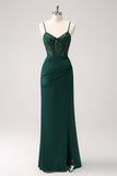 Dark Green Corset Mermaid Spaghetti Straps Satin Bridesmaid Dress with Sequins