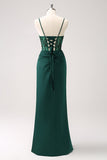 Dark Green Corset Mermaid Spaghetti Straps Satin Bridesmaid Dress with Sequins