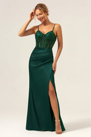 Dark Green Corset Mermaid Spaghetti Straps Satin Bridesmaid Dress with Sequins