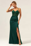 Dark Green Corset Mermaid Spaghetti Straps Satin Bridesmaid Dress with Sequins