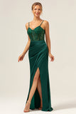 Dark Green Corset Mermaid Spaghetti Straps Satin Bridesmaid Dress with Sequins