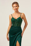 Dark Green Corset Mermaid Spaghetti Straps Satin Bridesmaid Dress with Sequins