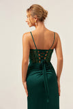 Dark Green Corset Mermaid Spaghetti Straps Satin Bridesmaid Dress with Sequins