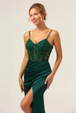 Dark Green Corset Mermaid Spaghetti Straps Satin Bridesmaid Dress with Sequins