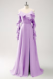 Elegant Peacock A-Line Cold Shoulder Chiffon Long Bridesmaid Dress