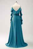 Elegant Peacock A-Line Cold Shoulder Chiffon Long Bridesmaid Dress