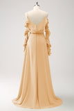 Light Green Cold Shoulder A-Line Chiffon Long Bridesmaid Dress with Ruffles