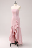 Pink Strapless Asymmetrical Ruffled Bridesmaid Dress