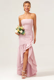 Pink Strapless Ruffled High Low Bodycon Bridesmaid Dress