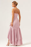 Pink Strapless Ruffled High Low Bodycon Bridesmaid Dress