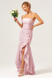 Pink Strapless Ruffled High Low Bodycon Bridesmaid Dress