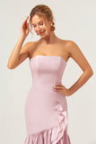 Pink Strapless Ruffled High Low Bodycon Bridesmaid Dress