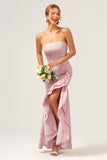 Pink Strapless Ruffled High Low Bodycon Bridesmaid Dress