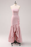 Pink Strapless Ruffled High Low Bodycon Bridesmaid Dress