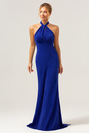 Glitter Blue Halter Mermaid Bridesmaid Dress with Detachable Ribbon