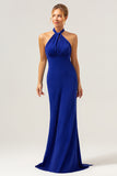 Glitter Blue Halter Mermaid Bridesmaid Dress with Detachable Ribbon