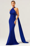 Glitter Blue Halter Mermaid Bridesmaid Dress with Detachable Ribbon