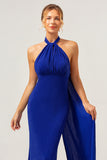 Glitter Blue Halter Mermaid Bridesmaid Dress with Detachable Ribbon