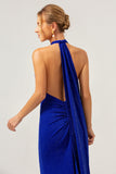 Glitter Blue Halter Mermaid Bridesmaid Dress with Detachable Ribbon