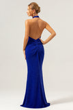 Glitter Blue Halter Mermaid Bridesmaid Dress with Detachable Ribbon